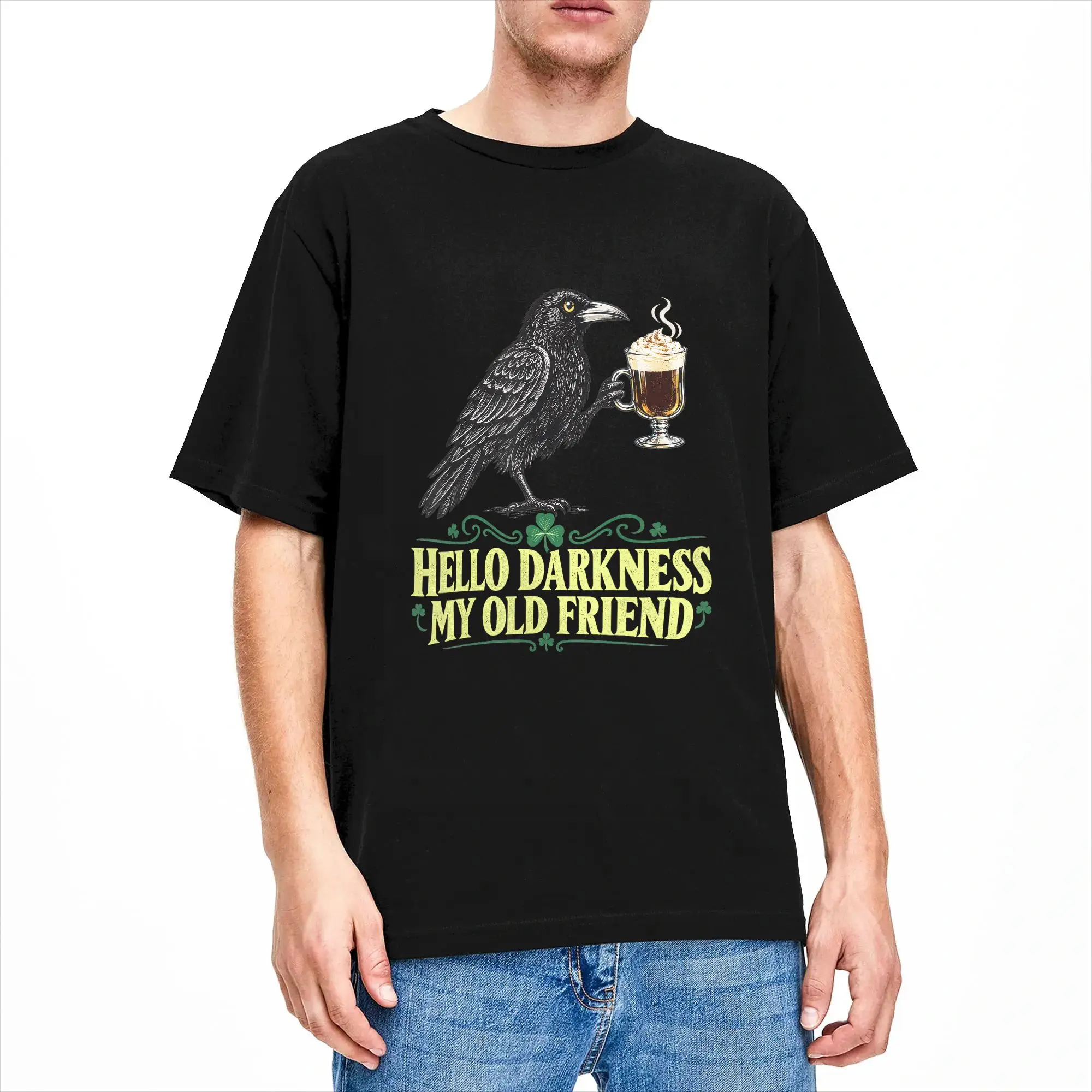 Men Hello Darkness My Old Friend Raven Craw Irish Coffee Vintage T Shirt B0HL6CVN8C T Shirts  Cotton Clothing O Neck Tee Shirt