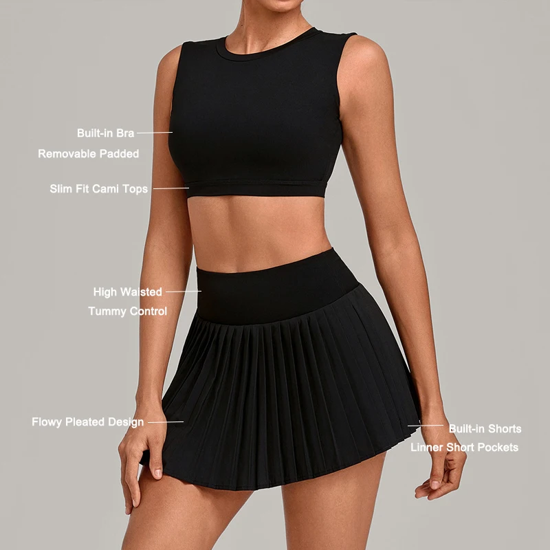 VITALINOVO Tennis Skirt Sets for Women Crewneck Camisole Top Matching High Waisted Pleated Athletic Workout Golf Skort Women