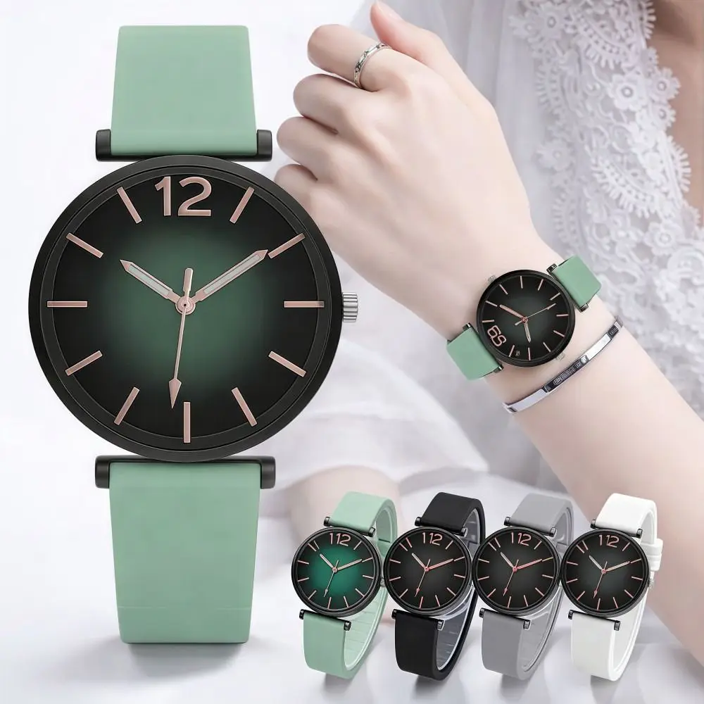 Fashion Elegant Women's Watch Gradient Green Silicone Strap Quartz Wristwatch Minimalist Black Case Casual Watches Lady Girl