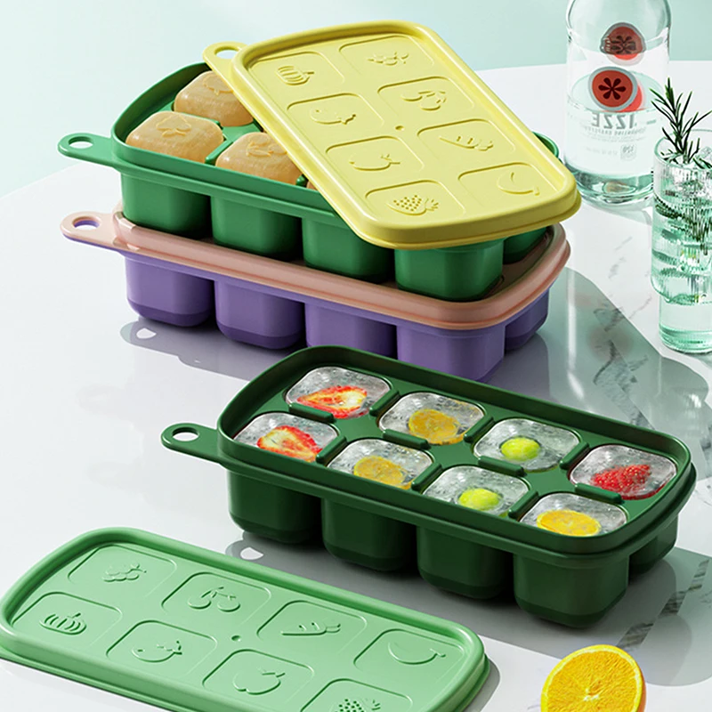 8 Grids Ice Cube Trays Reusable Silicone Ice Cube Mold Fruit Ice Maker With Removable Lids Kitchen Tools Freezer Summer Mould