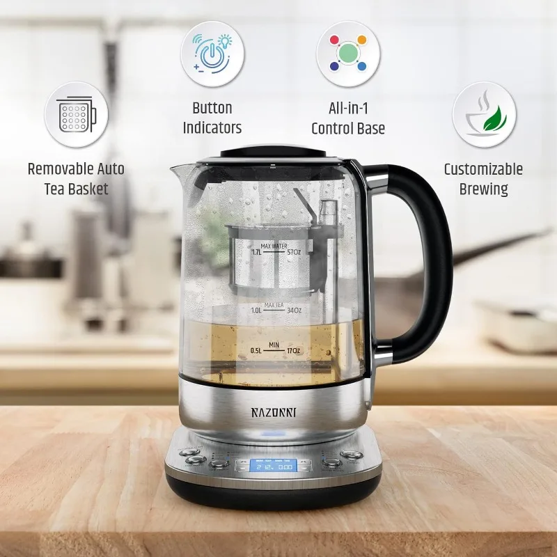 Razorri Electric Tea Maker 1.7L con infusore automatico per la preparazione del tè, bollitore in vetro in acciaio inossidabile, preimpostazioni per 5 tipi di tè