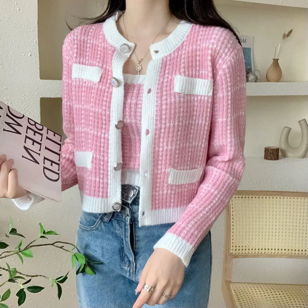 Jesień nowa moda z długim rękawem O-neck sweter dziergany kobiecy temperament Plaid Camisole dwuczęściowy garnitur kobiety ubrania Top Tee