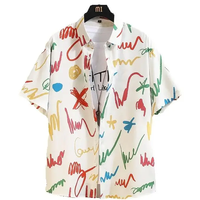 Fashion Button up Loose Shirt Mens Printed Hawaiian Short Sleeve Oversized Beach Holiday Vacation Top for Unisex