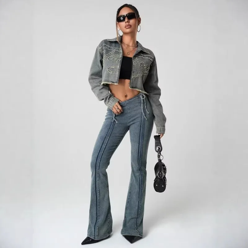 Trendy Women's Zippered Embroidered Denim Top Spring/Summer 2026 Fashion Denim Coat
