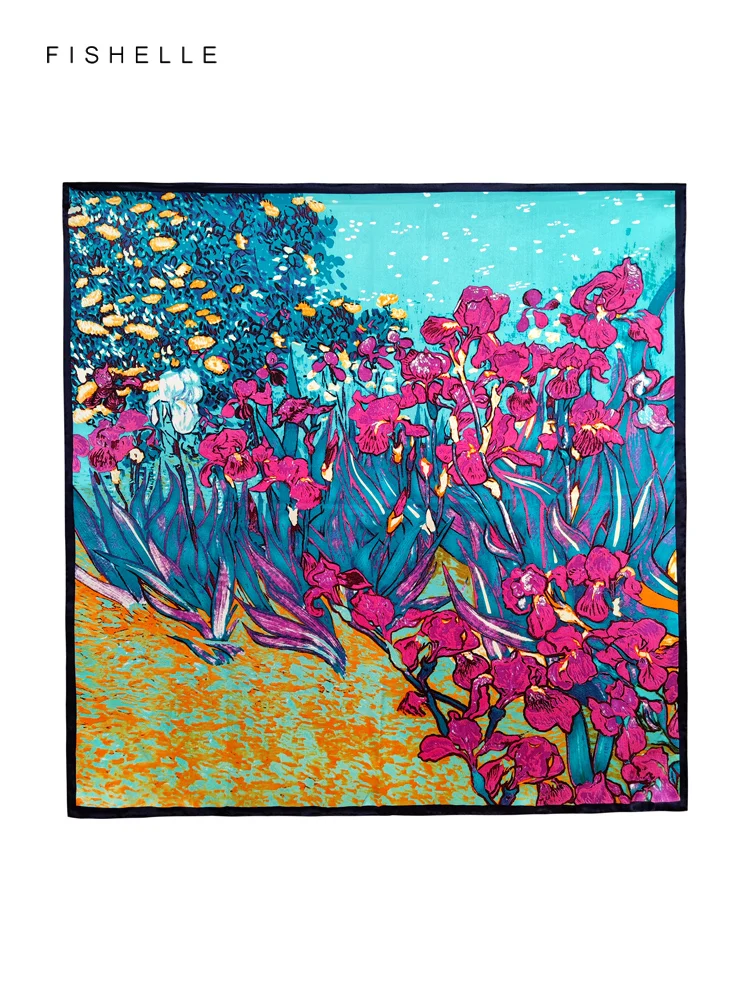 Iris flower printed natural 100% silk scarf head band scarves women high quality bandana hijab shawl luxury gift 90*90