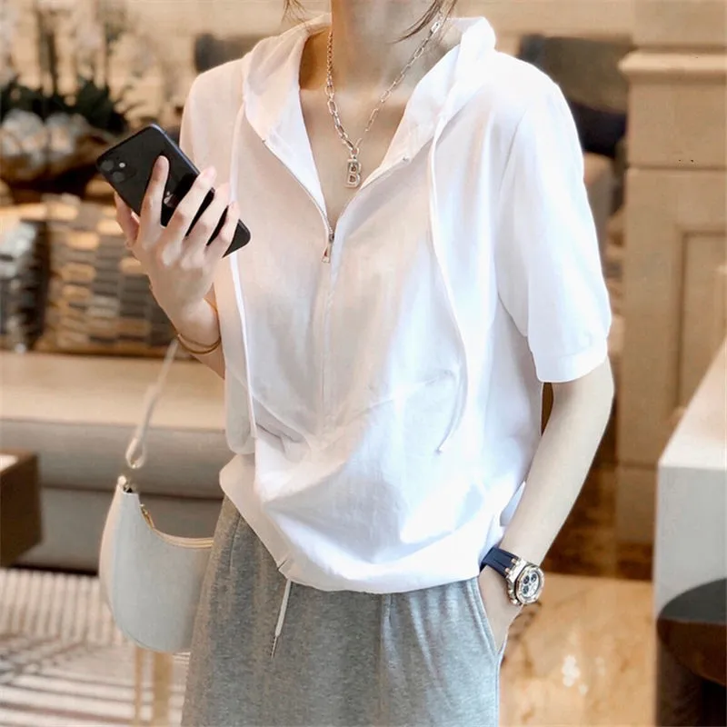 Y2K Women Short Sleeve Hoodies Summer Zipper Fashion Female Streetwear T Shirts Korean Casual All Match Student White Tops