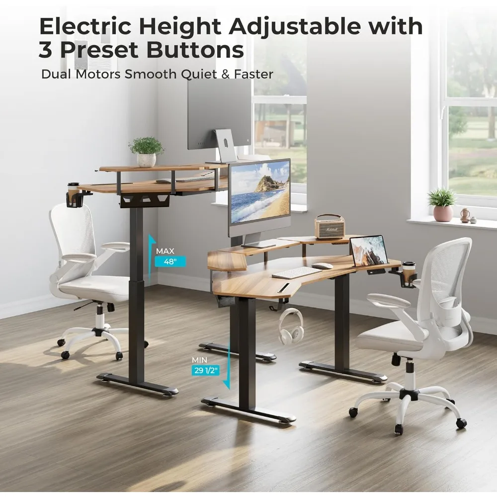 مكتب ألعاب قائم بمحرك مزدوج، مكتب كمبيوتر على شكل جناح مقاس 63 بوصة مع لوحة ماوس، طاولة ارتفاع كهربائية قابلة للتعديل #4