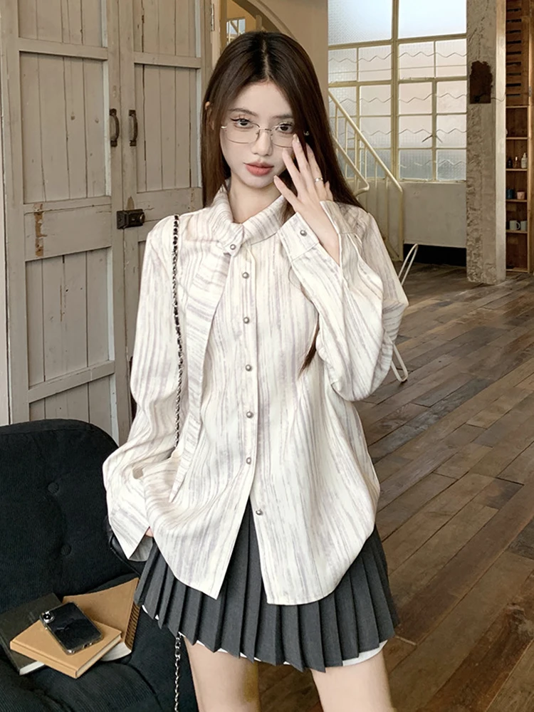 

Striped Long Sleeve Shirt Women Autumn Vintage Patchwork Casual French Blouse Elegant Loose Preppy Sweet Student Female Tops