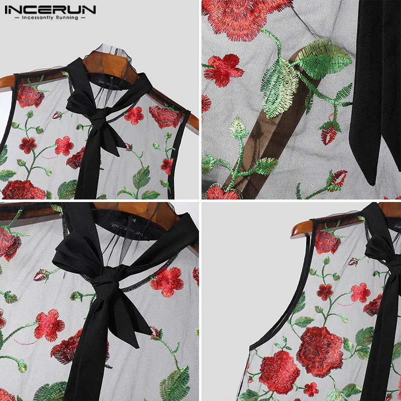 INCERUN Tops 2024 American Style Sexy Men\'s Ribbon Design Vests Fashion Casual Thin Embroidered Rose Sleeveless Tank Tops S-5XL