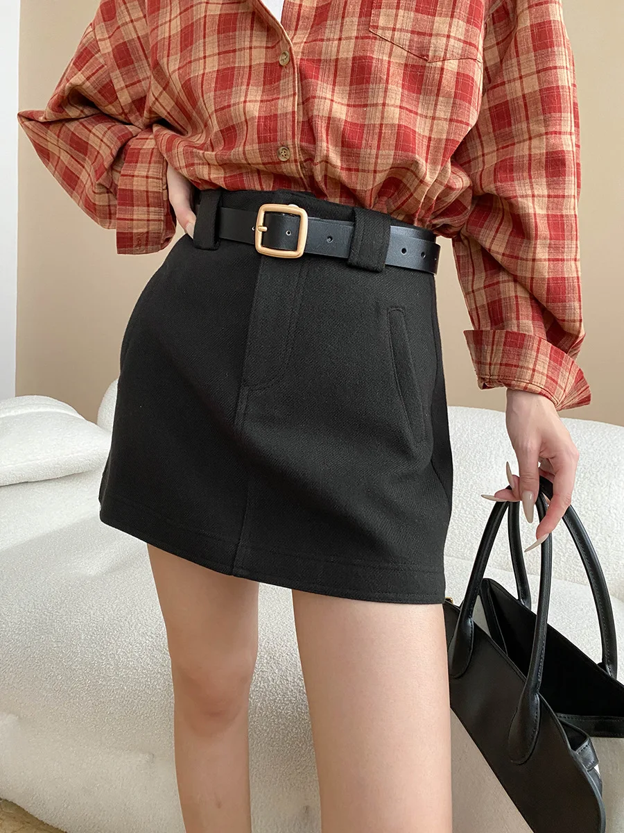 

2025 Spring And Autumn Fashion Commuter Design Women's High Waist Skirt Slimming Hip-wrapped A-line Woolen Skirt
