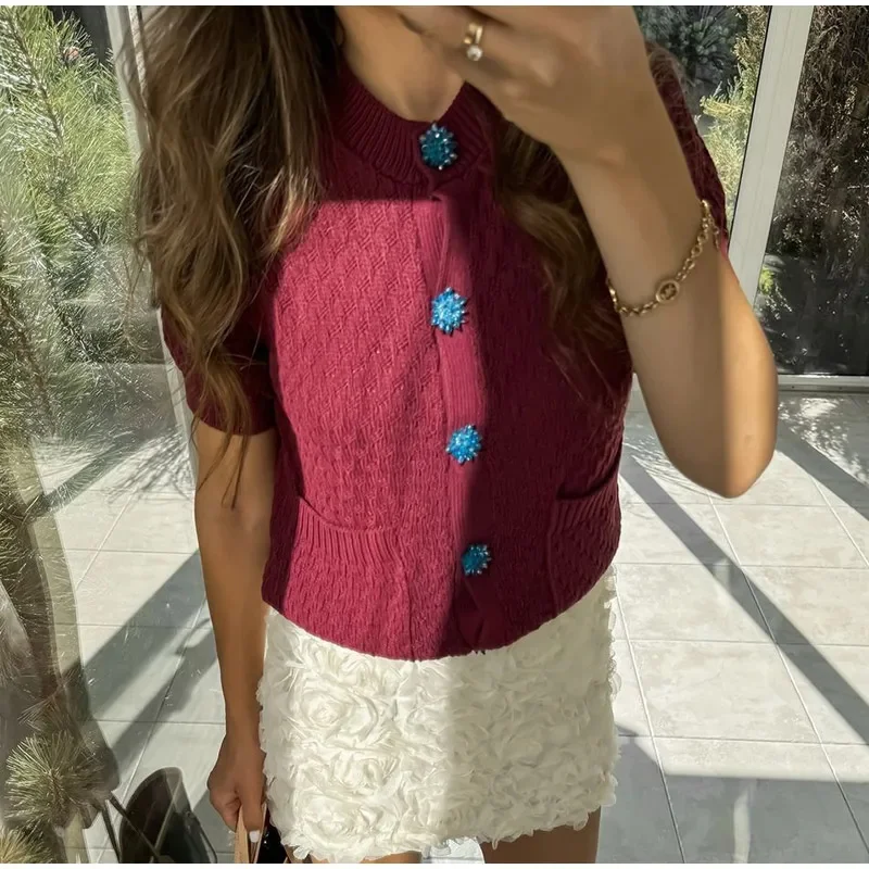 Jewelry Button Knitted Short Cardigan Women Casual Single Breasted Sweater Female 2024 Autumn Sweater Short Sleeve Knitwear Coat