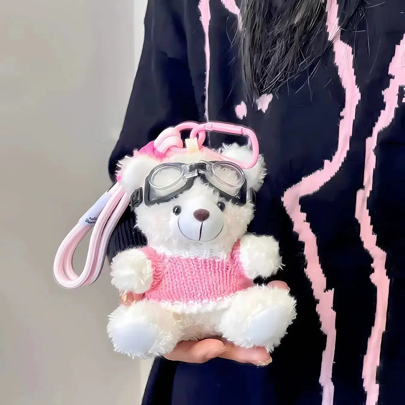 Cool Pilot Teddy Bear Keychain Curly Plush Bear With Goggles Knit Sweat Backpack Charm Fashion Couple Gift For Teen Girls Women view 3
