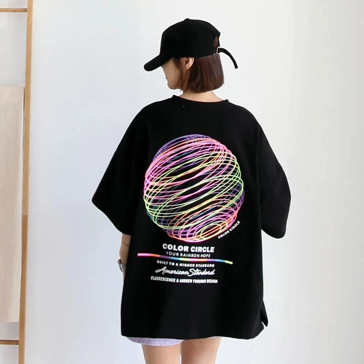 Korean Black Short Sleeve T-shirt Women's Spring Summer Pure Cotton Loose Planet Design Sense Vintage Casual T-shirt Top Ins