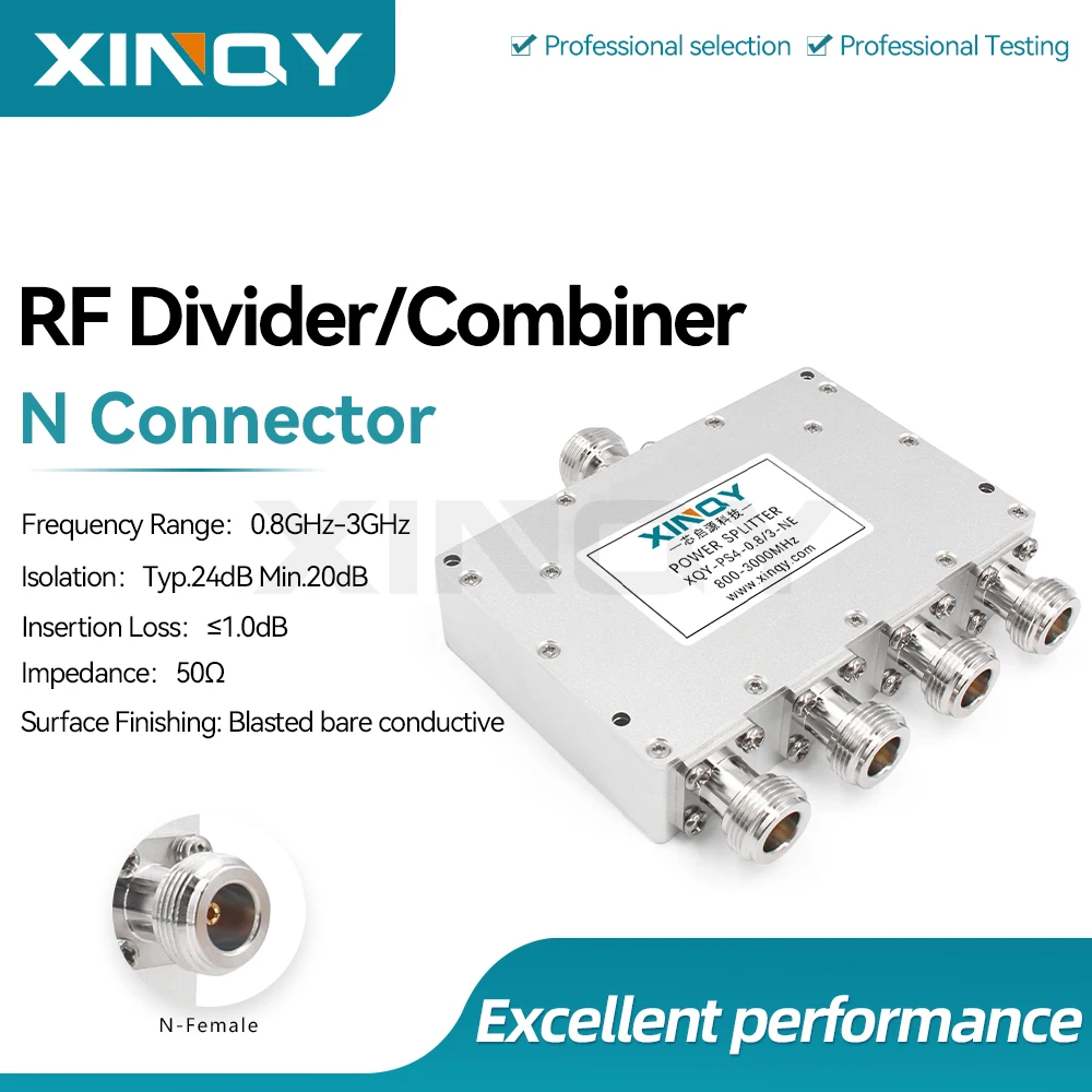 XINQY Microstrip Power Divider, L-Band 0.8-3GHz, N-Type Female, Antenna Signal Splitter/Combiner, 1-Way-to-4-Way RF Power Divider