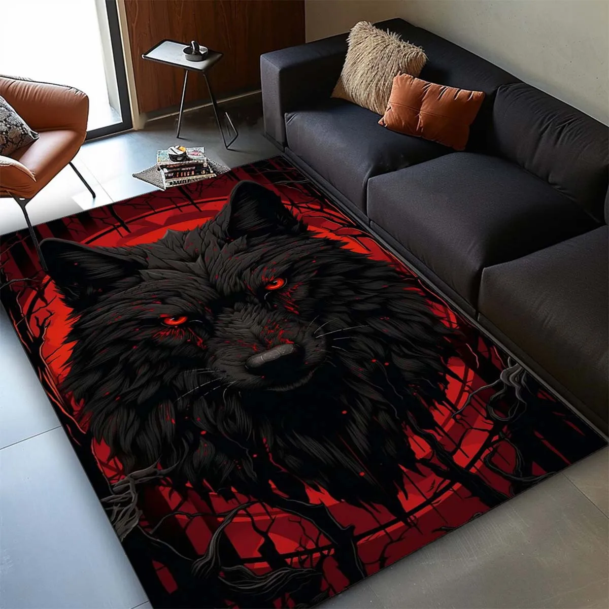 

1pc Black wolf carpet with red eye pattern, crystal velvet fabric, suitable for bedroom living room decoration