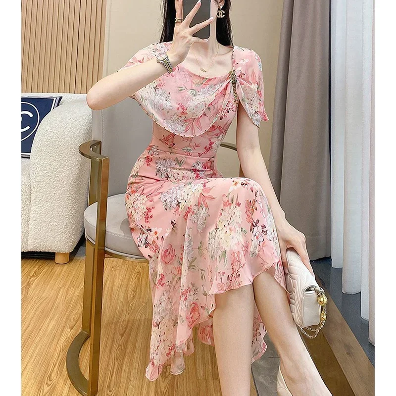 Summer Round Neck Sweet Floral Printing Midi Dress Ladies Short Sleeve Casual Fashion Robe Women Ruffles Vintage Vestidos B221