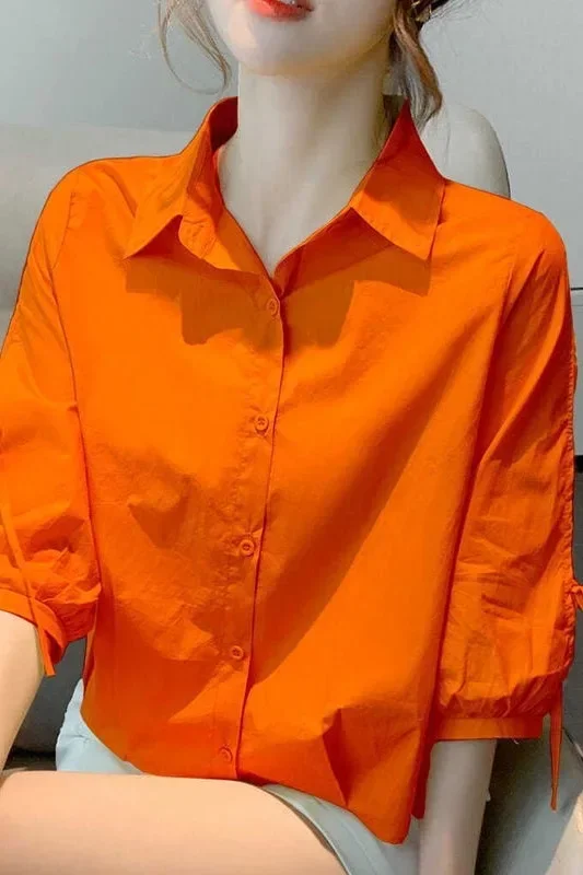 Summer New Oversized Korean Style Solid Simple Buttons Shirt Top Women Half Sleeve Bow All-match Cardigan Blouse Female Clothes