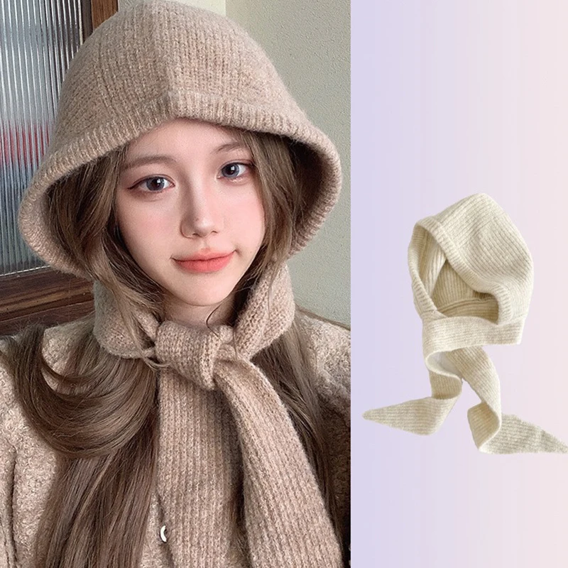 New Winter Women Hooded Hat Knitting Wool Warm Balaclava Beanies Skullies For Female Girl Solid Color Outdoor Cold-proof Bonnet