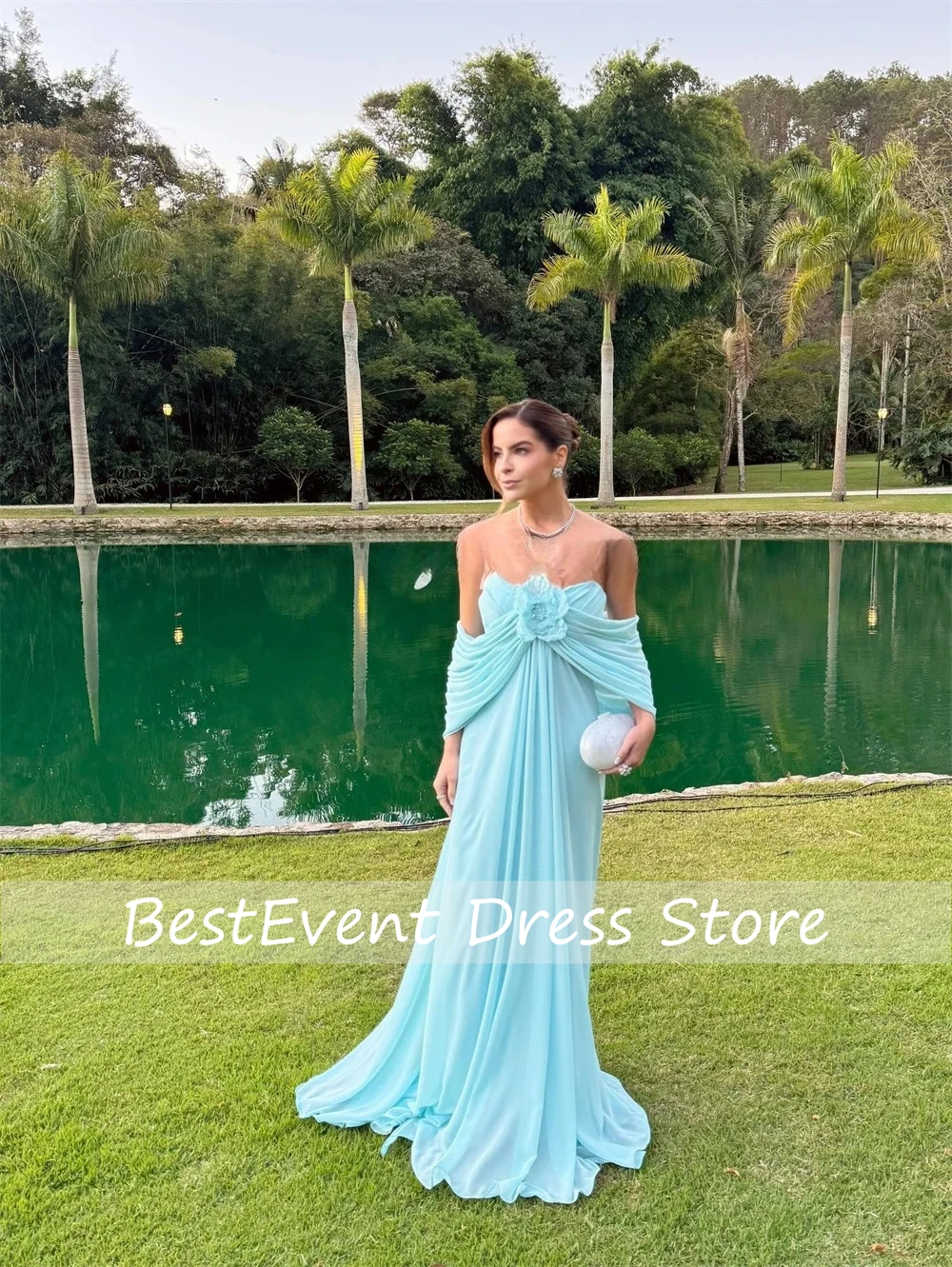

Customized Modern Style Chiffon Pleat Handmade Flower A-line Off-the-shoulder Floor Length Dresses Bespoke Occasion with Court