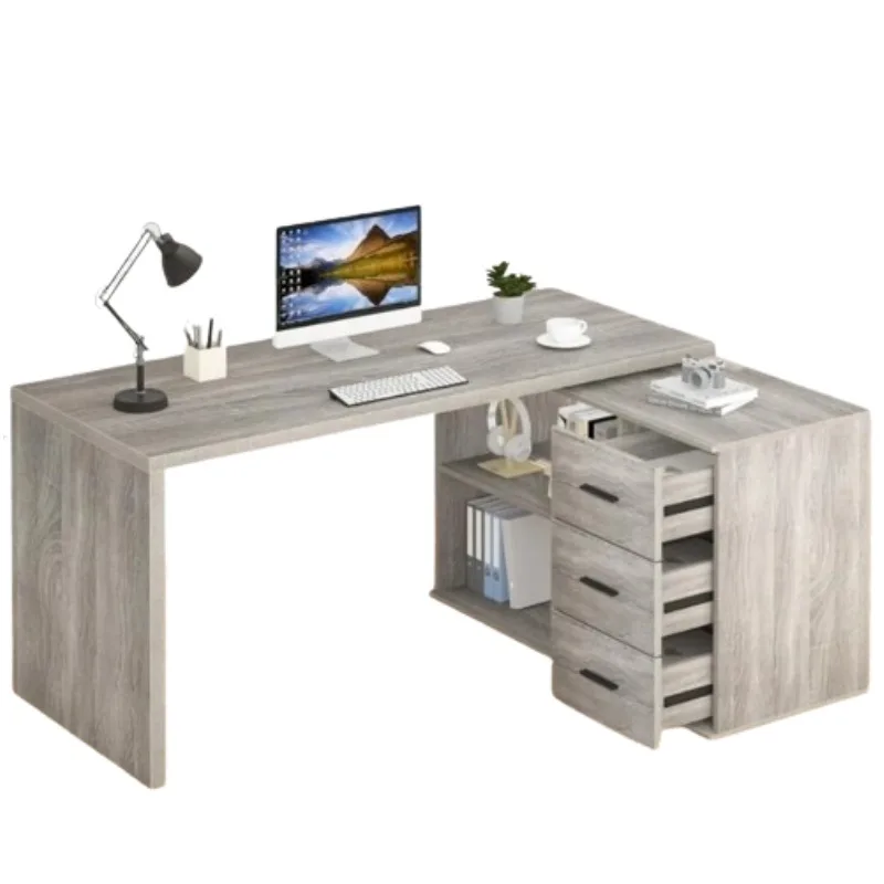 360 Rotating L-Shaped Computer Desk With Storage Cabinet Gray Corner Swivel Desk Wood Table for PC Executive Work Study Writing