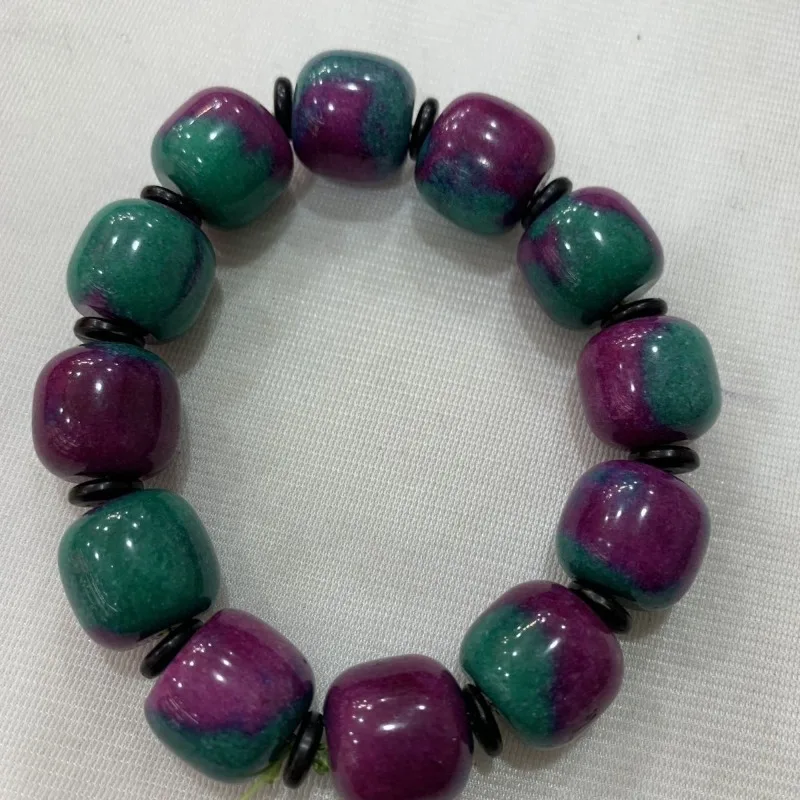 

Colorful Peach Blossom Jade Round Bead Red and Green Bracelet Red and Green Apple Stone Bracelet.