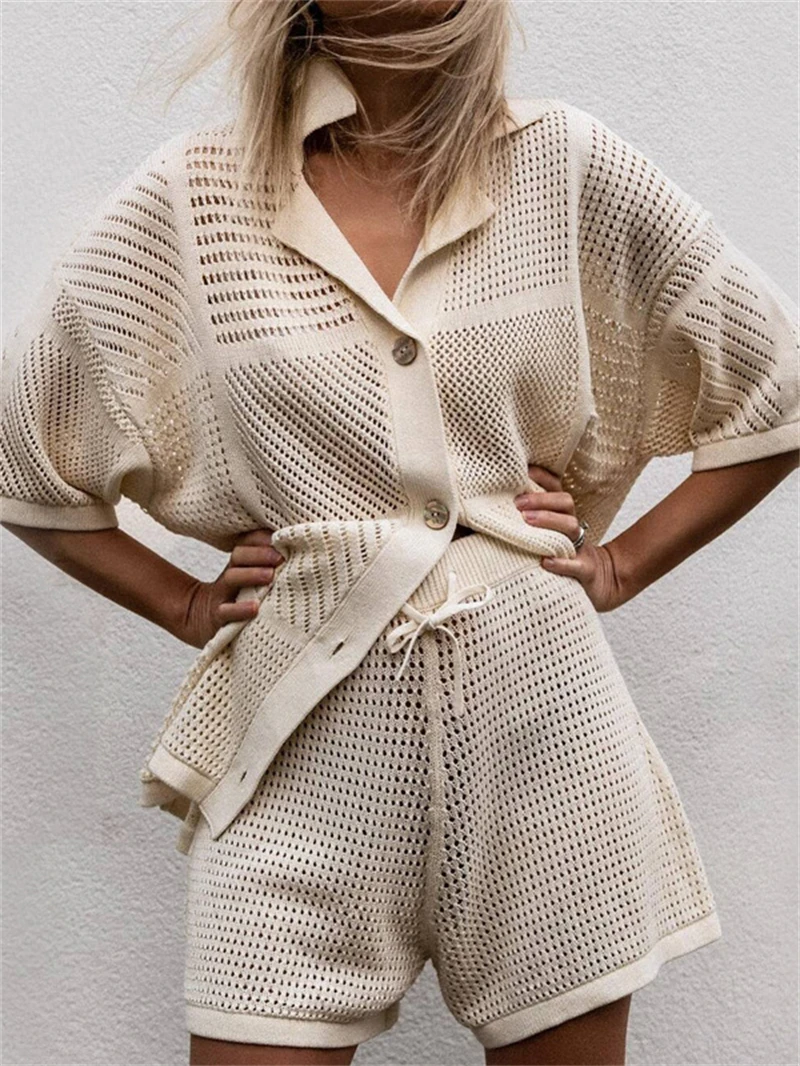 

Streetwear Hollow Out 2 Piece Sets Women Outfit Summer Clothes Women 2025 Knitted Cardigan Top Shorts Sets Casual Tracksuits Set