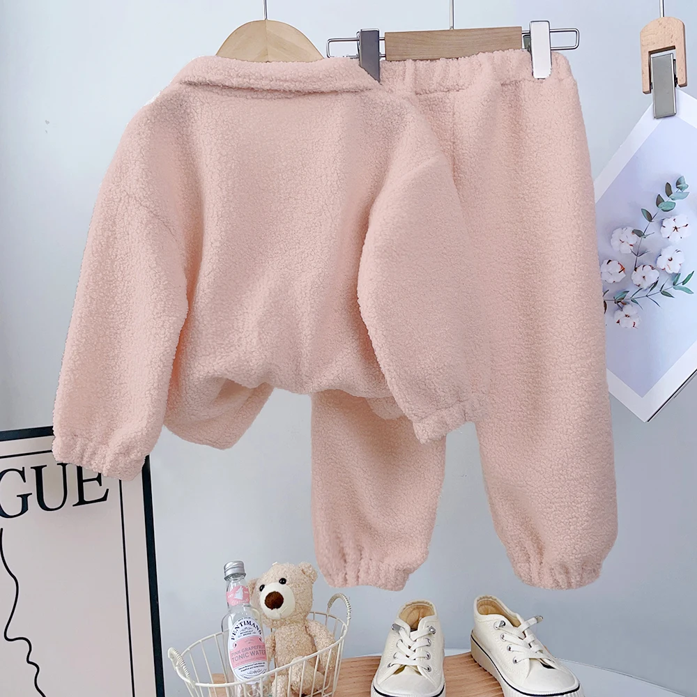 Autumn and Winter New Lamb Fleece Standing Collar Pullover Top+Pants Two Piece Warm and Casual Solid Colors Girls' Clothes