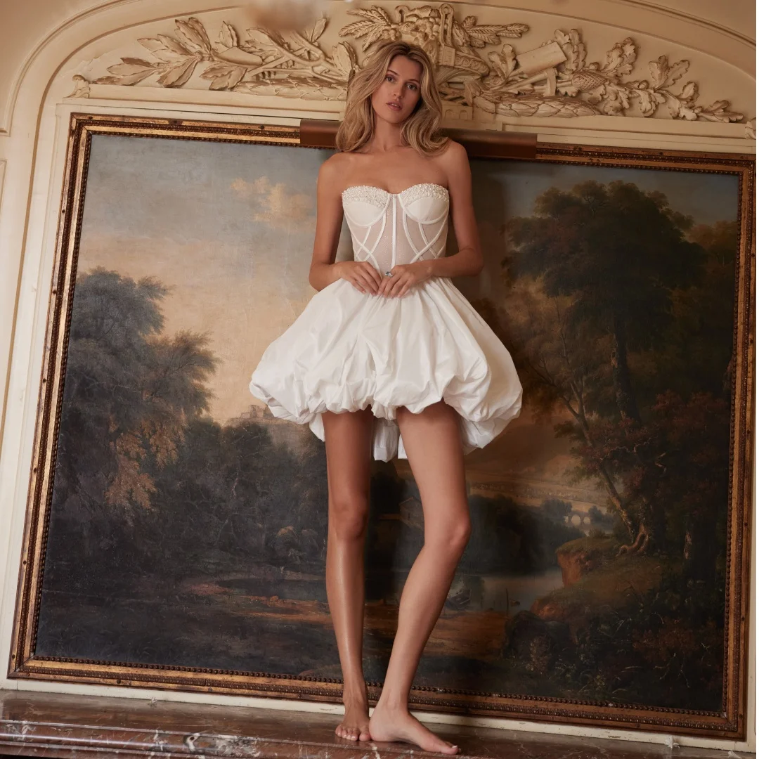 

Bridal Short Wedding Dresses Illusion Corset Engagemant Dress Elegant White Beaded Vestido de Novia Pleated Vestidos Customized