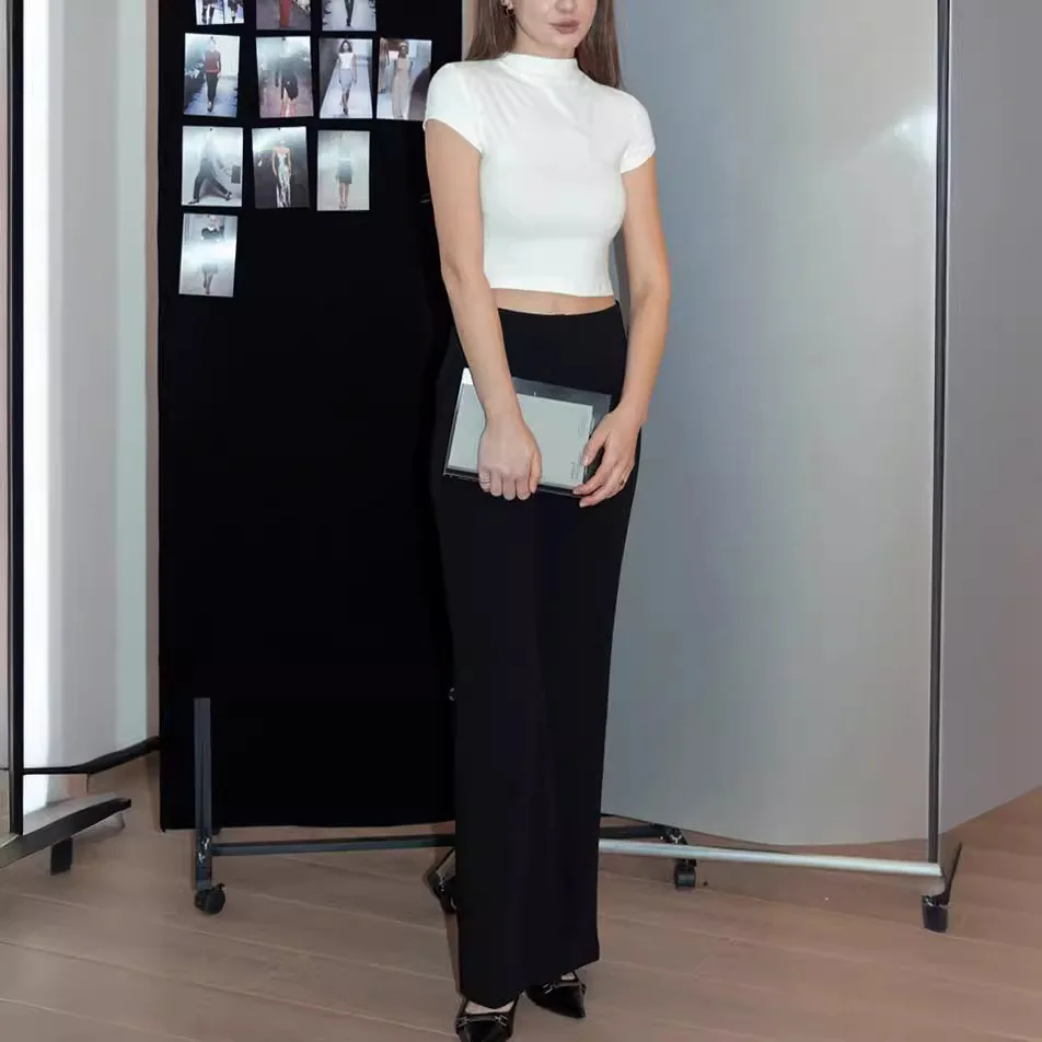 

7592 Summer 14-Needle Twist Cotton Stretch Non-Deforming Half Collar Irregular High Waist Short Knitted Top For Women