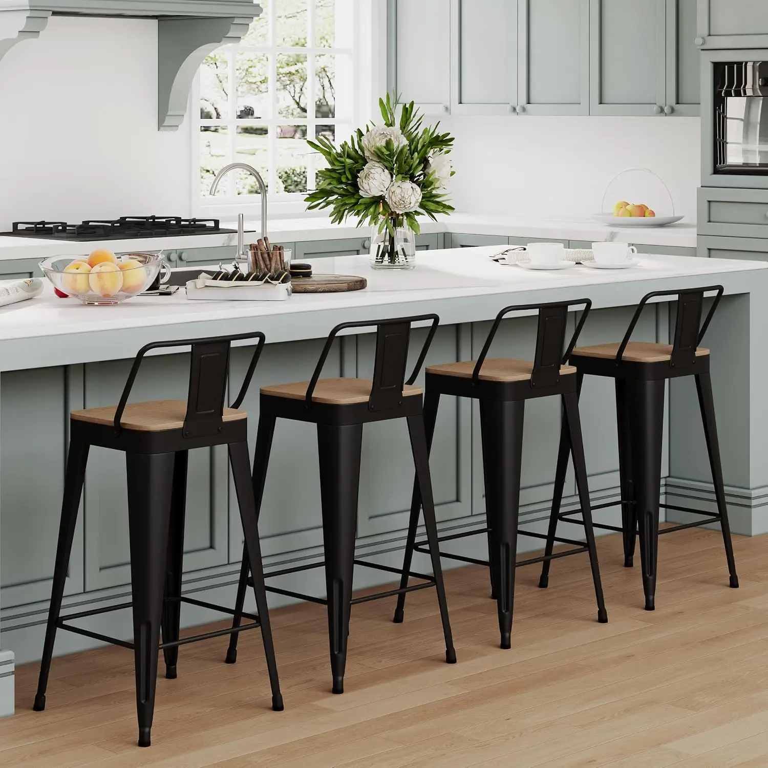 Set of 4 24 Inch Black Metal Bar Stools, Industrial Counter Height Chairs with Low Backrest, Large Wooden Seat and Footrest