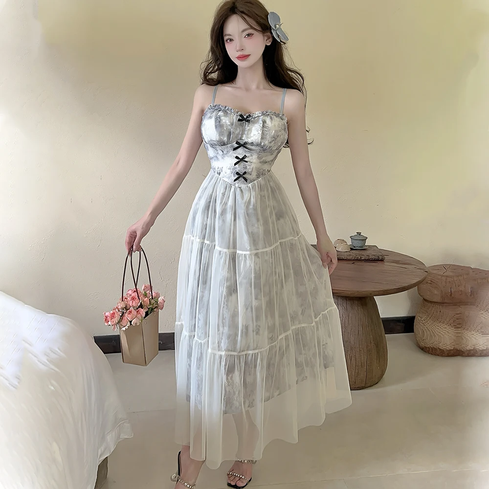 2025 ภาษาฝรั่งเศสคําVINTAGEเซ็กซี่Backlessโบว์ตาข่ายสปาเก็ตตี้ชุดเก๋ฤดูร้อนชายหาดFairycore Vestidosวันหยุดเสื้อผ้าผู้หญิง