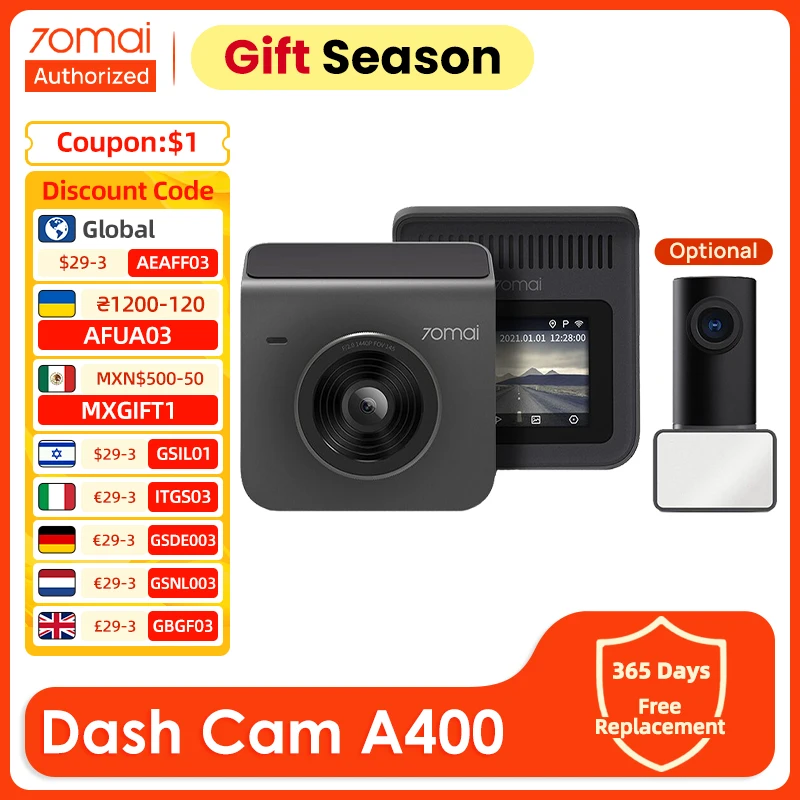 70mai A400 Dash Cam Reimagined DVR 1440P HD Dual Loop Recording Night Vision 70mai A400 24H Parking Mode App Control