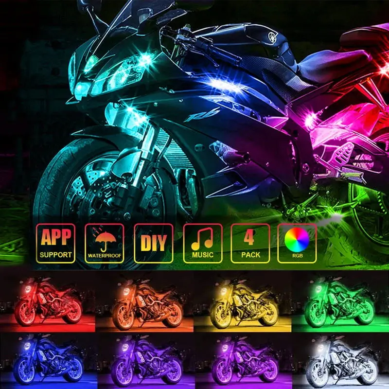 RGB APP Controle de Som Luzes LED para Motocicleta, Moto Backlight, Flexível Luz Decoração Impermeável, Neon Strip, Acessórios, 12V