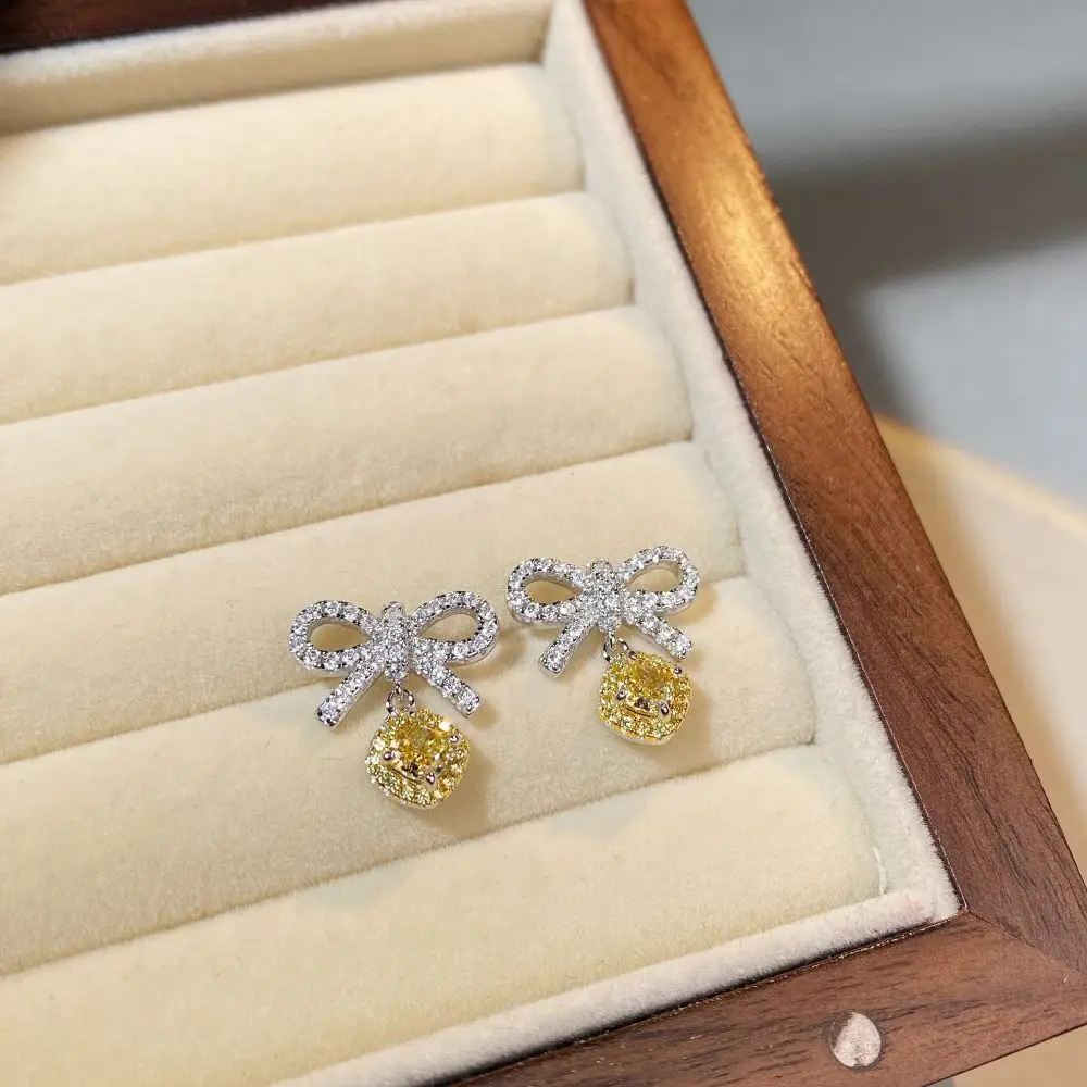 

S925 Pure Silver Ear Nail Female Instagram Style Simple Japanese and Korean Easy To Match Very Girly Yellow Diamonds