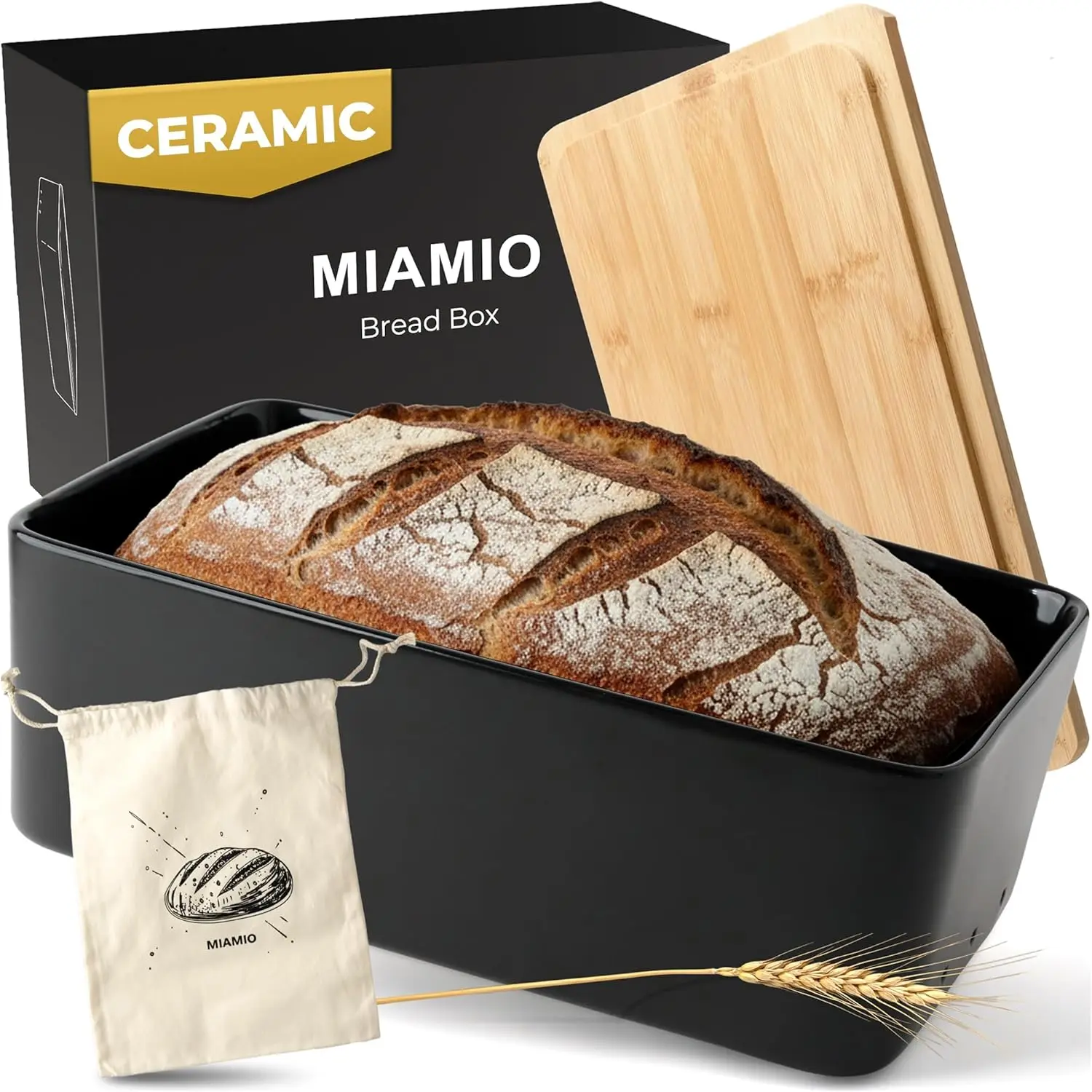 

Ceramic Bread Box with Bamboo Lid and Cutting Board, Kitchen Countertop Storage Container, 12.6x7.9x4.5 inches