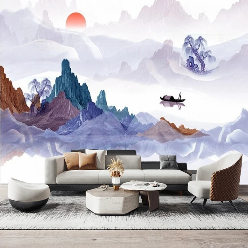 New Chinese-Style Minimalist Landscape Small Boat At Sunset With Trees Countryside And Village -Beautiful Living Room Decoration