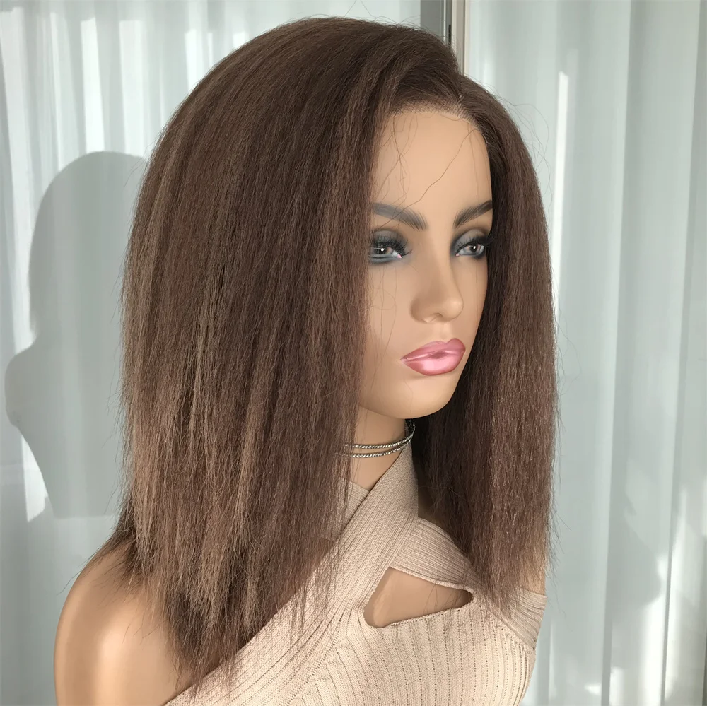 Highlight Blonde Kinky Straight Short Bob Wig Synthetic Wear Go Glueless Wig for Women Pre Plucked Side Part Yaki Wig 12inch