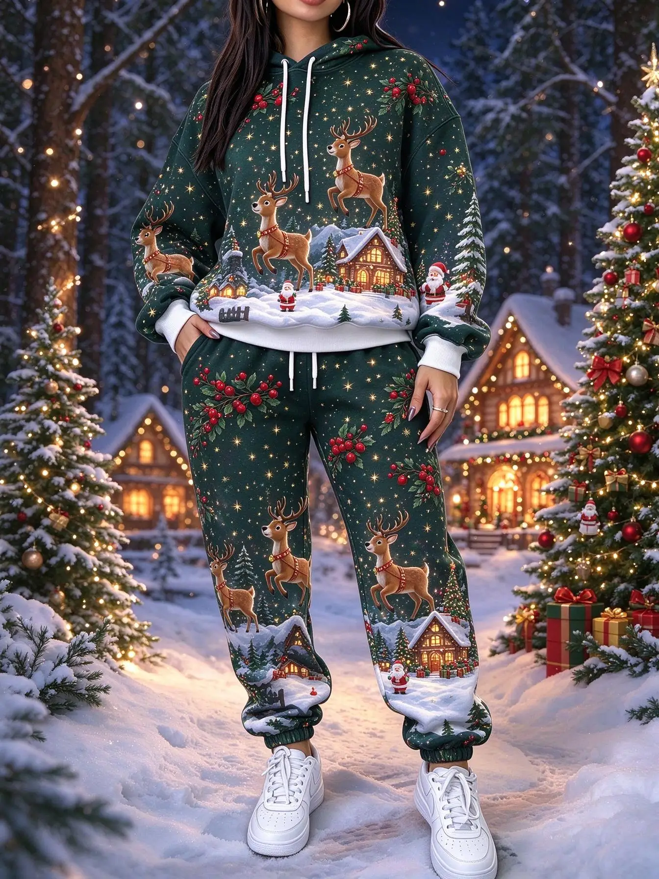 Women Christmas 2 Piece Tracksuit Reindeer Winter Cabin Print Hoodie & Jogger Pants Matching Set view 2
