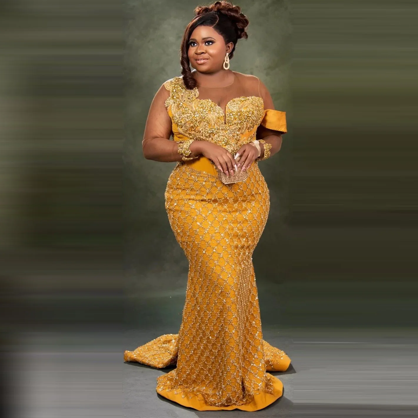 

Sequin Bead Illusions Full Sleeve Evening Formal Dress Luxury Gold Prom Dresses Party Second Birthday Engagement Gowns Plus Size