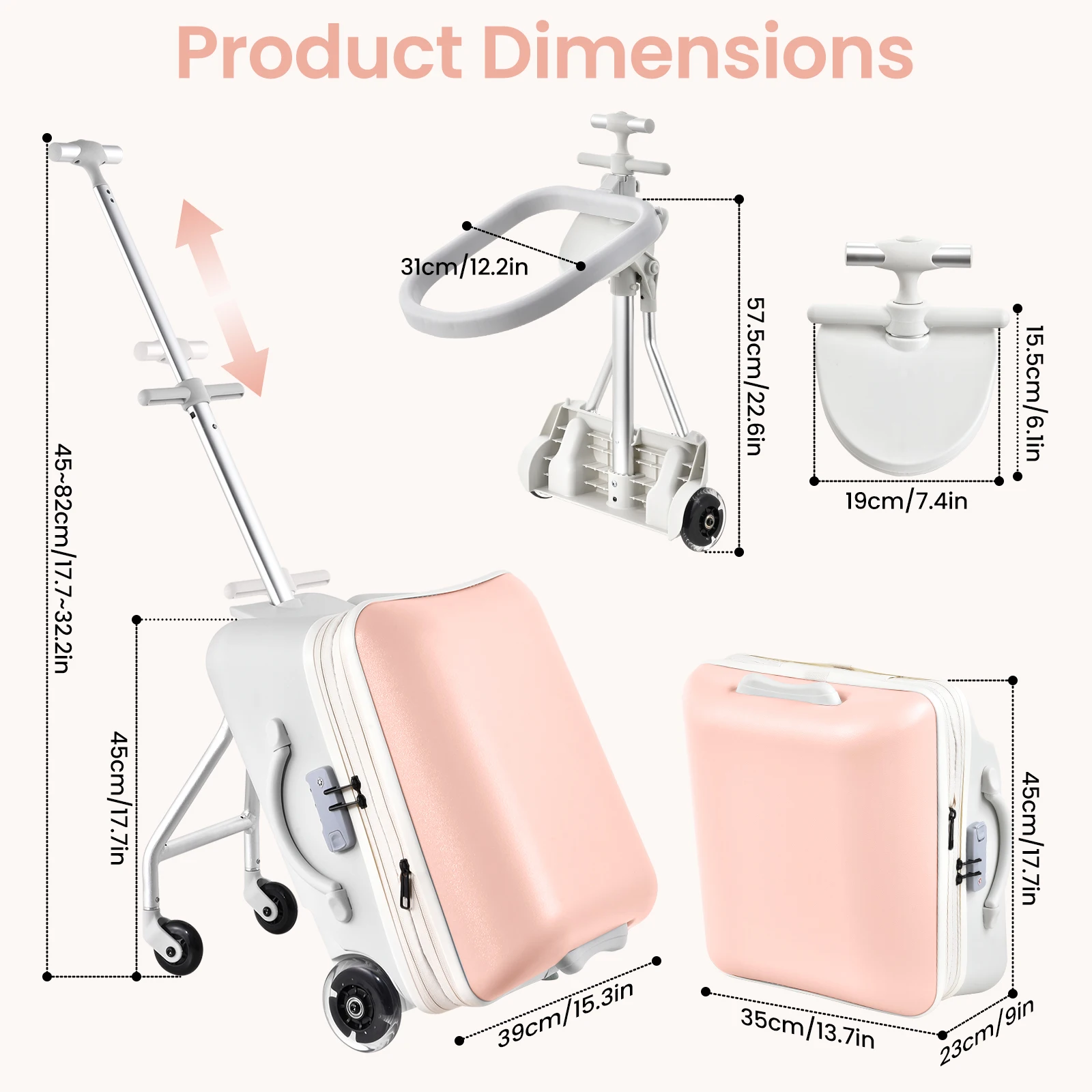 Kids Ride on Suitcase 20 Inch Stroller Luggage 2 in 1, Rideable Carry on Travel Bag with Detachable Seat, Toddler Suitcase with Smooth Spinner Wheels and Telescoping Handle for Boys Girls, Blue and Pink view 3