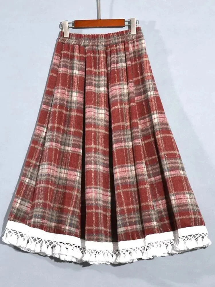 인조 울 레드 체크 롱 스커트 여성 하이웨이스트 빈티지 스위트 스커트 캐주얼 한국 가을 겨울 소프트 프레피 스타일 롱 스커트
