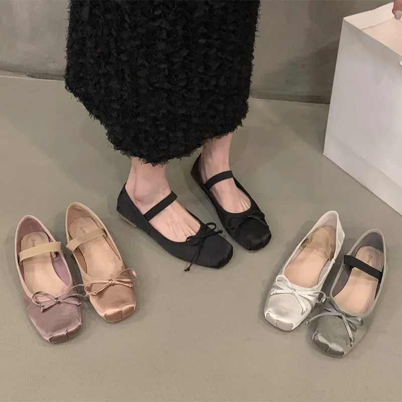 Bailamos Brand Luxury Satin Silk Ballet Shoes Woman Classic Square Toe Bowtie Elastic Band Ballerina Flats Ladies Soft Loafers M