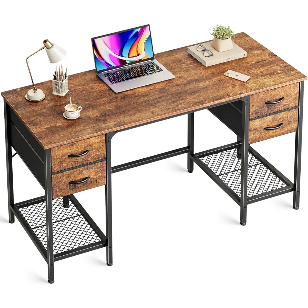 

47 Inch Computer Desk with 4 Drawers - Office Desk with Mesh Shelf for Gaming and Home Use