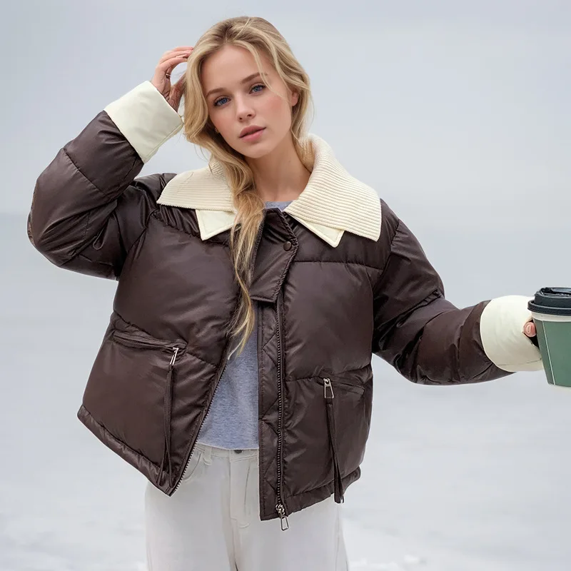 

Winter Lady's Quilted Jacket Color Blocked Zipper Fly Knit Turn Down Collar Padded Coat For Women Korean-Style Female's Jacket