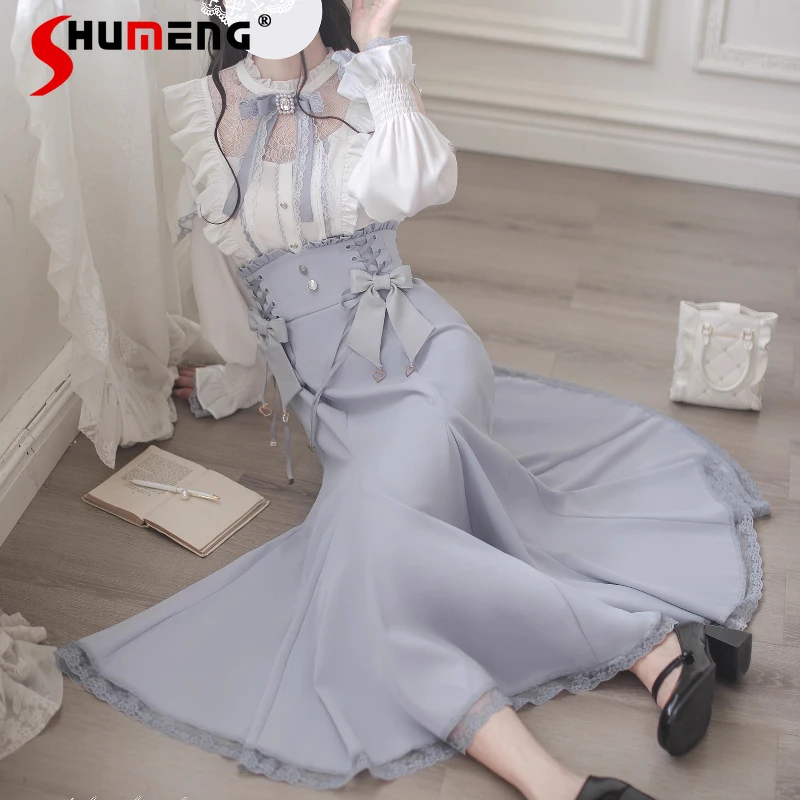 Japanese Style Watercolor Rojita Mass-Produced Elegant Mermaid Skirt Sweet Temperament Long Sleeved Shirt Single-Breasted Top