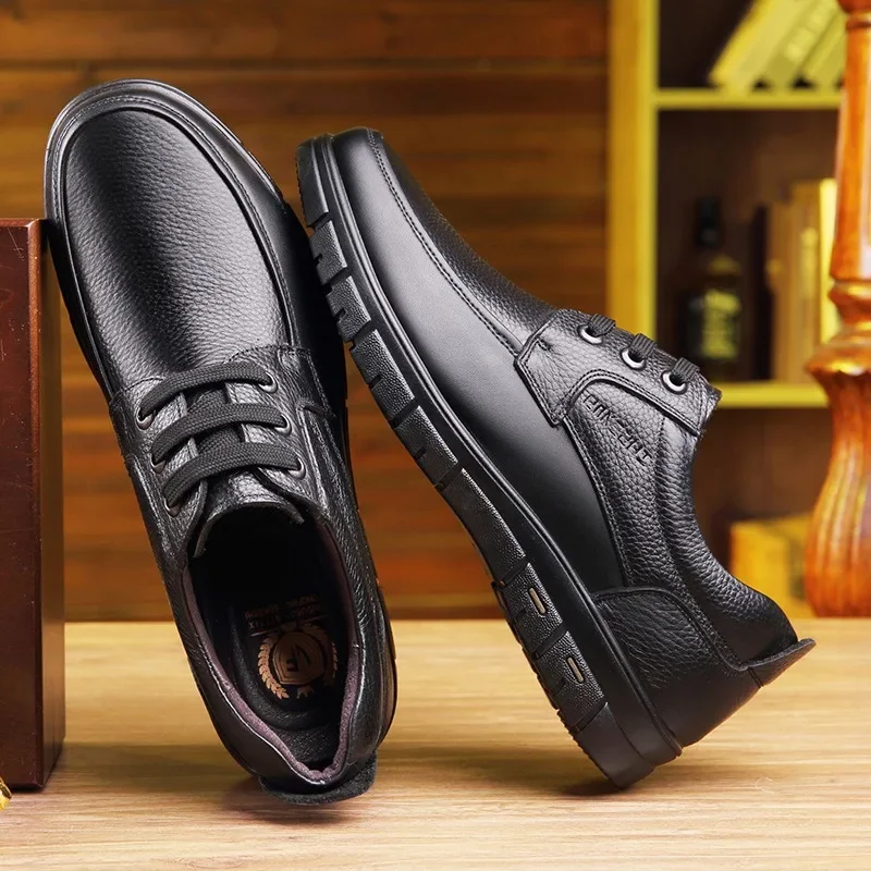 

Men Genuine Leather Casual Shoes Soft Sole Lace-up Luxury Brand Middle-aged Old Man Dad Lightweight Loafers Shoes