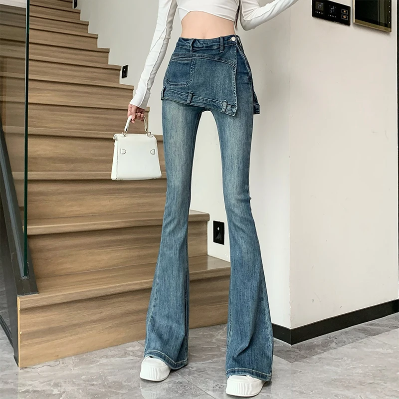 

2024 New Bottoms Chic Fake Y2k Jeans Streetwear Vintage Flare Pants for Women Casual High Waist Denim Trousers Pantalon Femme