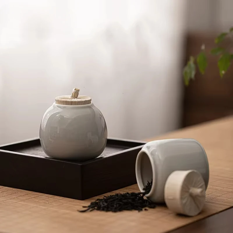 Ice Gray Glaze Corn Valley Plug Japanese Style Mini Small Sized Cans Storage Tea Warehouse Tea Organizer Tea Container