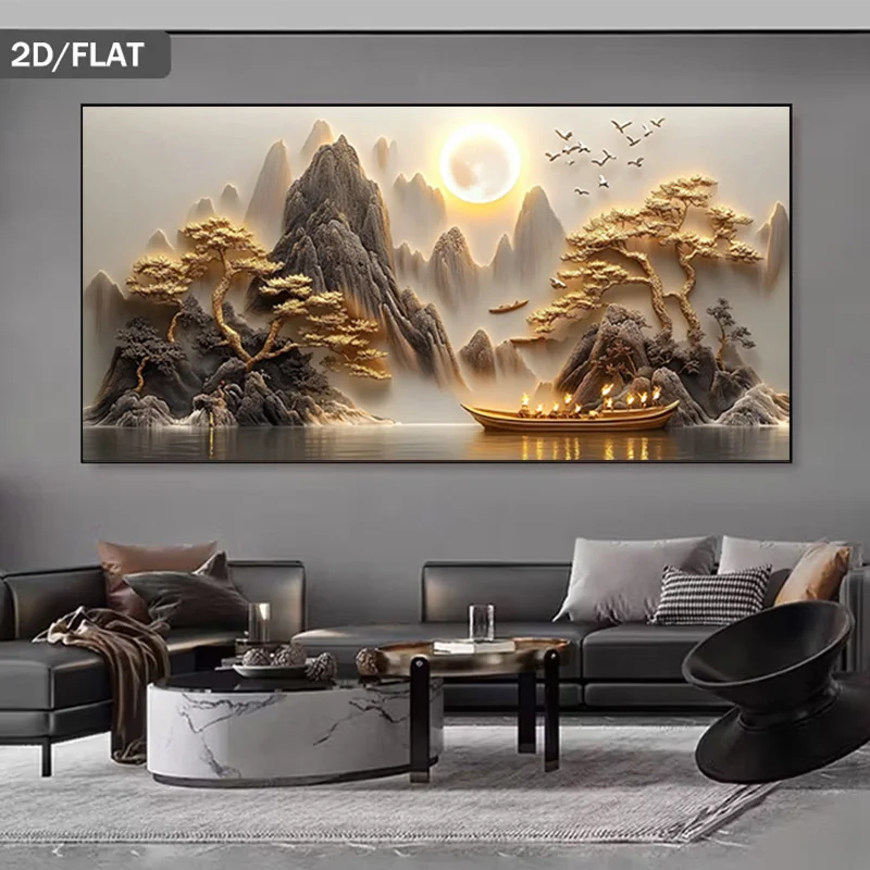 

2D Flat Modern Mountain Moonlit Night Canvas Art Prints - Frameless Abstract Canvas Painting for Living Rooms, Offices Decortion