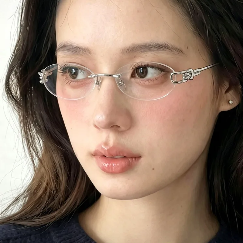 Stylish Oval Sunglasses Women Casual Rimless Sun Shades Metal Frame Advanced Flash Street Ladies Anti Blue Glasses UV400